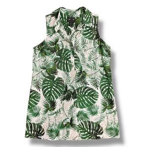 Tahari 100% Linen Tropical Leaf Sleeveless Dress Women’s 1X Green
